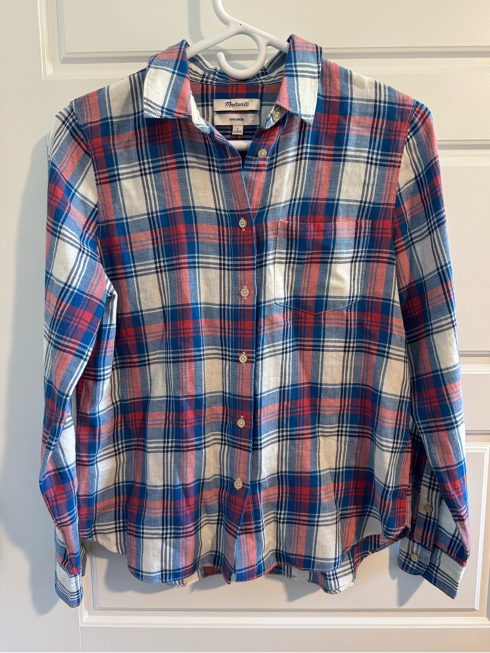 Madewell Shrunken Plaid Flannel Shirt, Red, White, and Blue, Size Small
